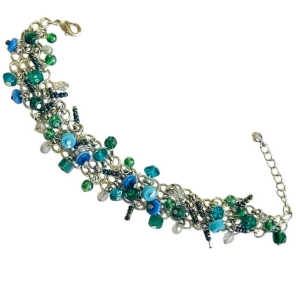VTG art glass blue Flowing Charm Bracelet Statement Dangle silver tone‎ Chunky